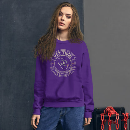 Vet Tech Crest retro veterinary technician crewneck sweatshirt — Purple, on model