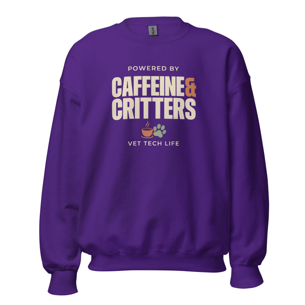 Powered by Caffeine & Critters funny vet tech crewneck sweatshirt — Purple, front