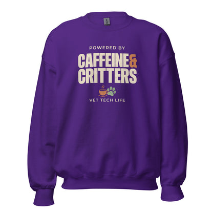 Powered by Caffeine & Critters funny vet tech crewneck sweatshirt — Purple, front