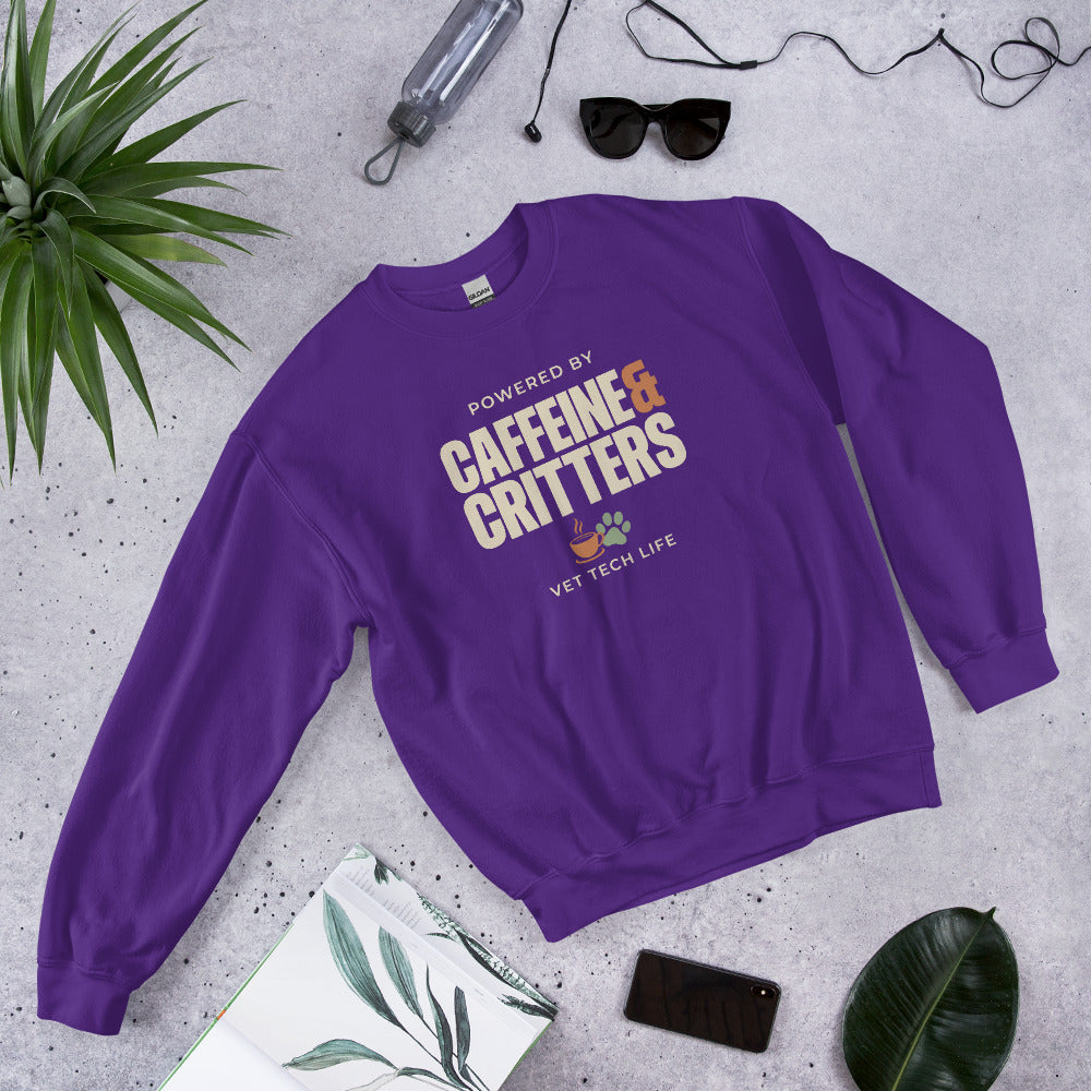 Powered by Caffeine & Critters funny vet tech crewneck sweatshirt — Purple, front-right