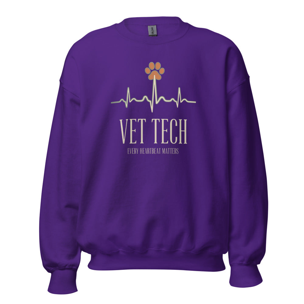 Every Heartbeat Matters minimalist vet tech crewneck sweatshirt — Purple, front