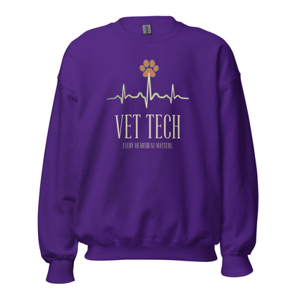 Every Heartbeat Matters minimalist vet tech crewneck sweatshirt — Purple, front