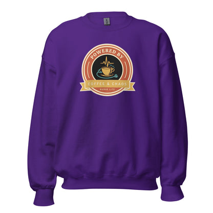 Powered by Coffee & Chaos retro nurse badge crewneck sweatshirt — Purple, front
