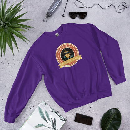 Powered by Coffee & Chaos retro nurse badge crewneck sweatshirt — Purple, front-right