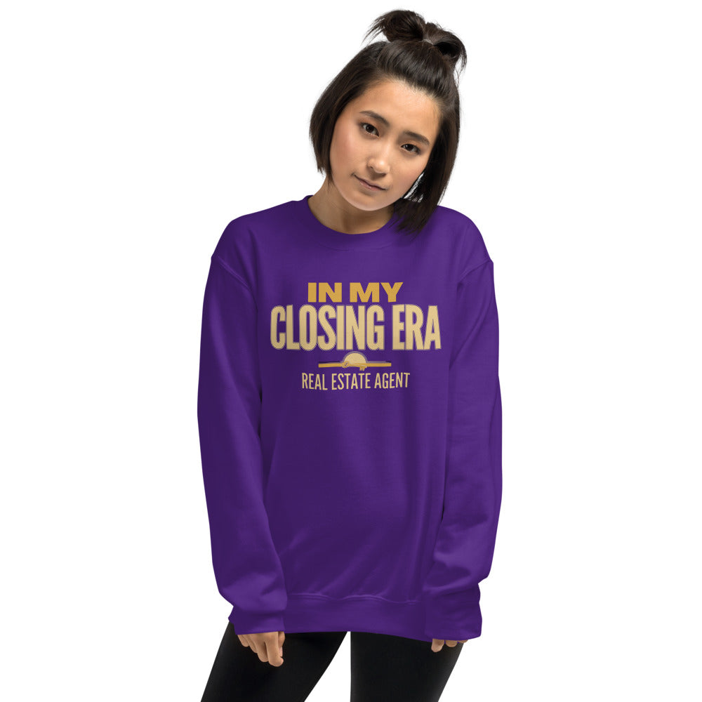 In My Closing Era real estate agent crewneck sweatshirt — Purple, on model