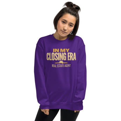 In My Closing Era real estate agent crewneck sweatshirt — Purple, on model