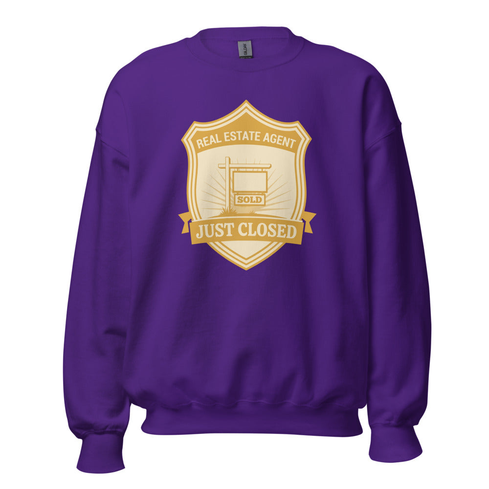Just Closed real estate agent crewneck sweatshirt — Purple, front
