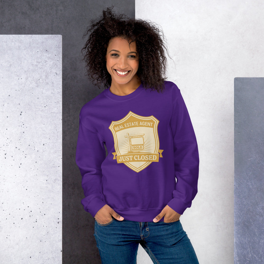 Just Closed real estate agent crewneck sweatshirt — Purple, on model
