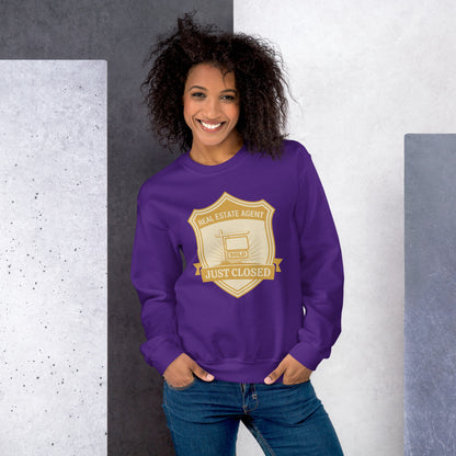 Just Closed real estate agent crewneck sweatshirt — Purple, on model