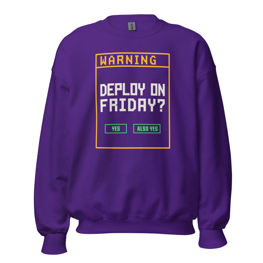 Deploy On Friday programmer crewneck — Purple, front