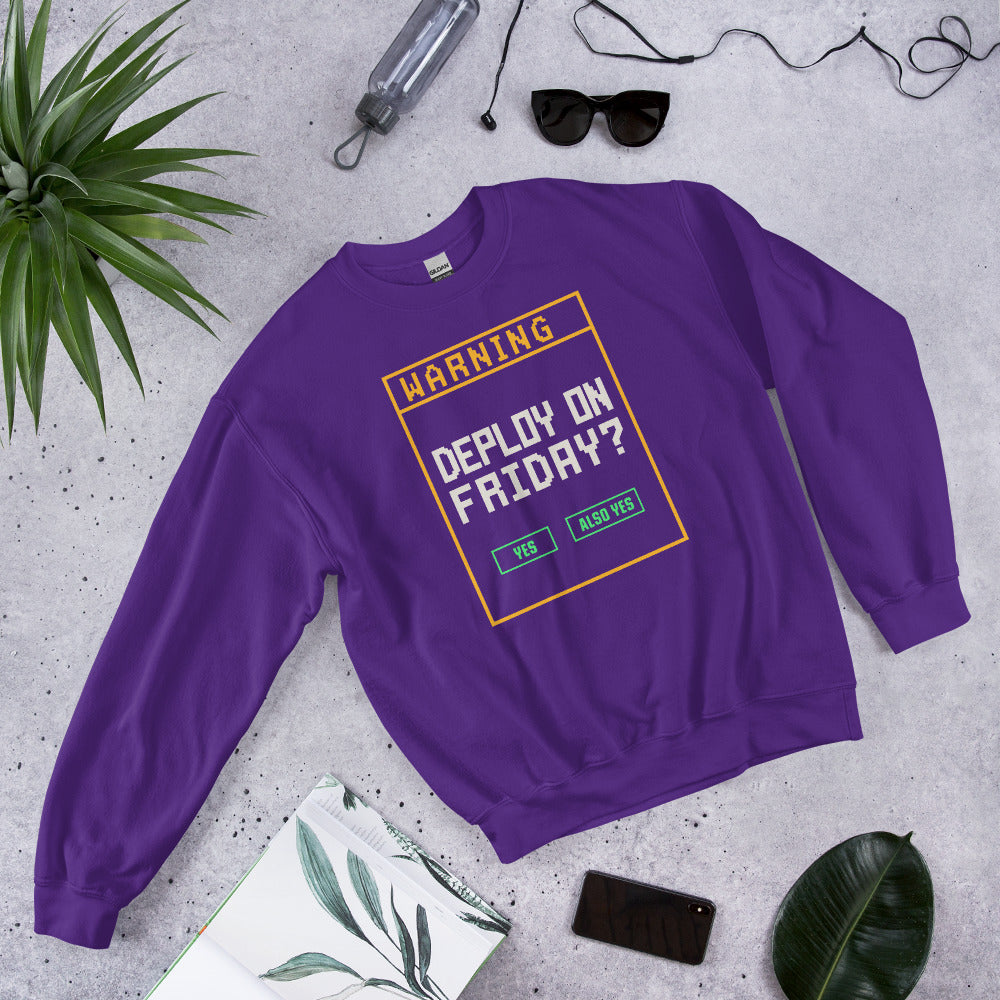 Deploy On Friday programmer crewneck — Purple, front-right