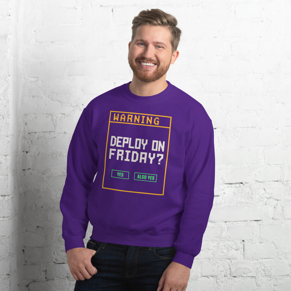 Deploy On Friday programmer crewneck — Purple, on model