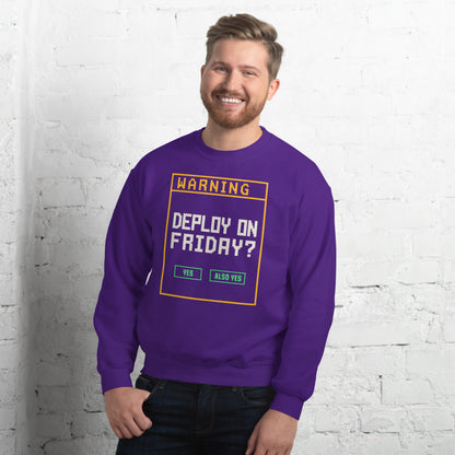 Deploy On Friday programmer crewneck — Purple, on model
