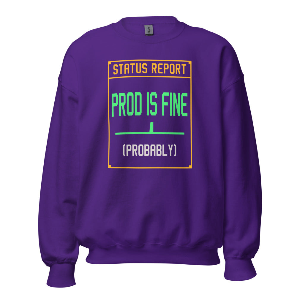 Prod Is Fine programmer crewneck — Purple, front