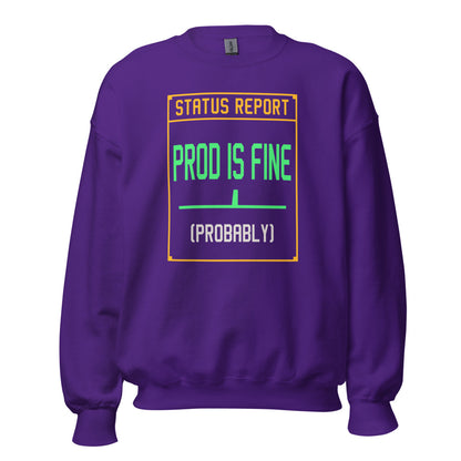Prod Is Fine programmer crewneck — Purple, front
