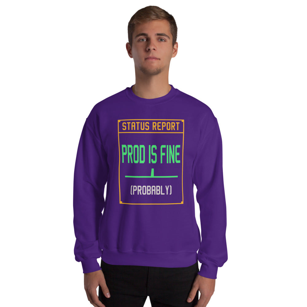 Prod Is Fine programmer crewneck — Purple, on model