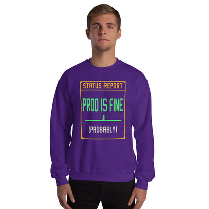 Prod Is Fine programmer crewneck — Purple, on model