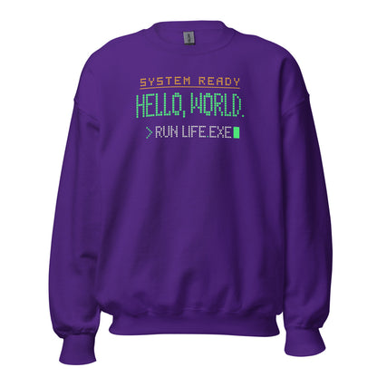 Hello World retro boot screen programmer crewneck sweatshirt — Purple, front