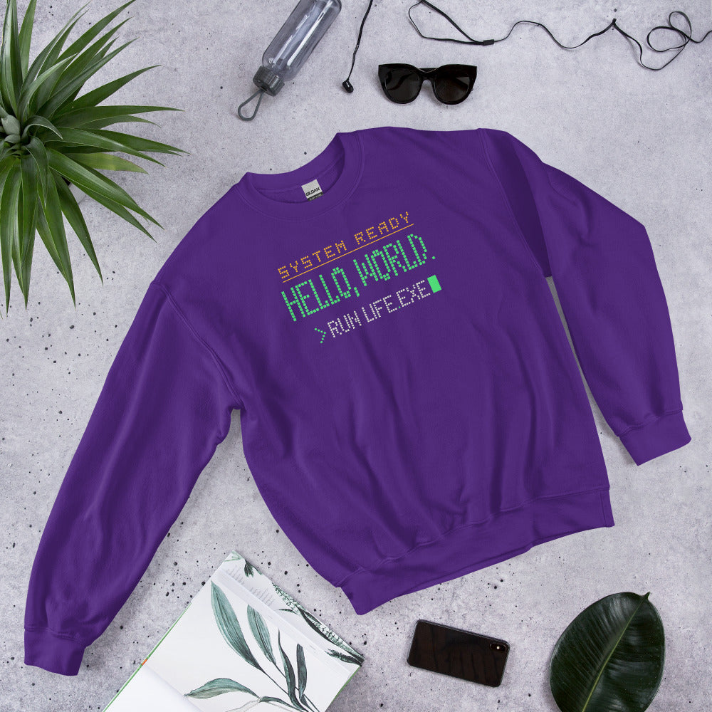 Hello World retro boot screen programmer crewneck sweatshirt — Purple, front-right