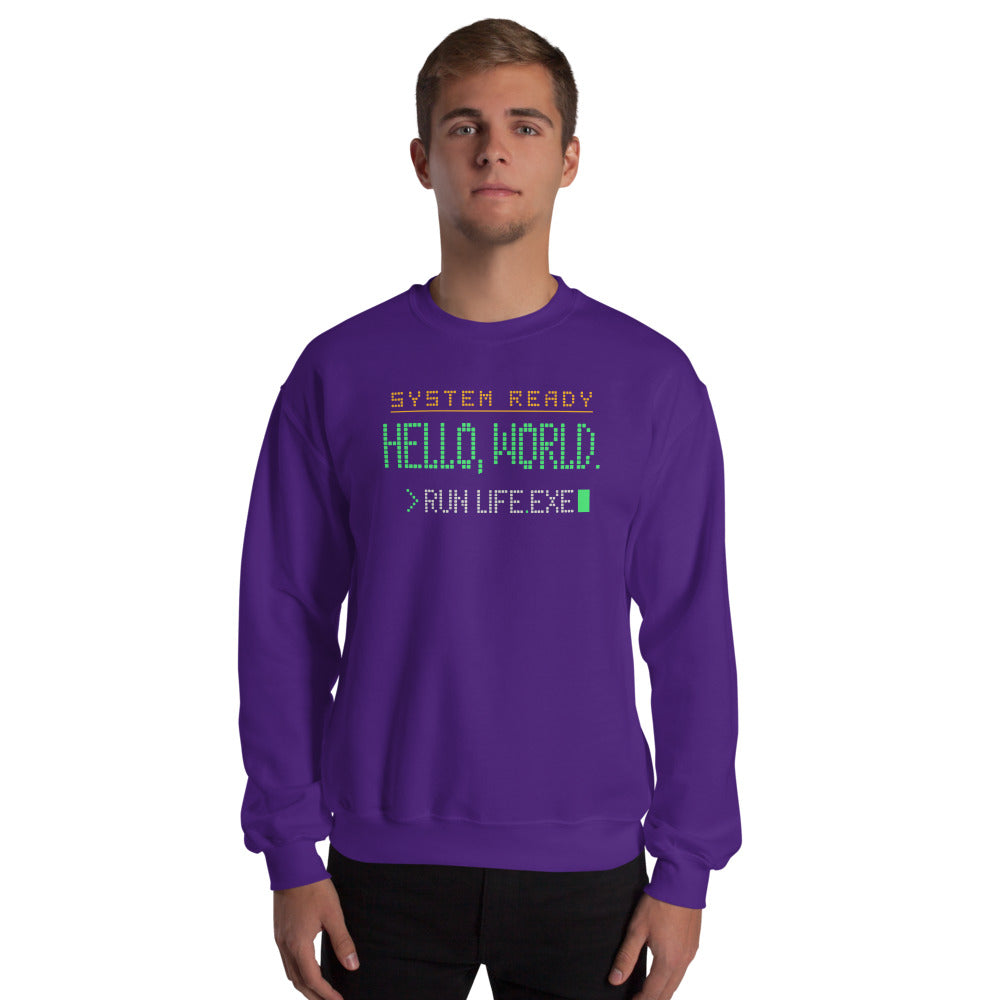 Hello World retro boot screen programmer crewneck sweatshirt — Purple, on model