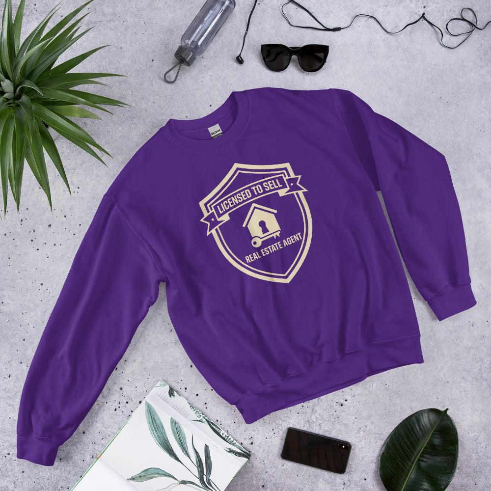 Licensed to Sell real estate agent crewneck sweatshirt — Purple, flat lay