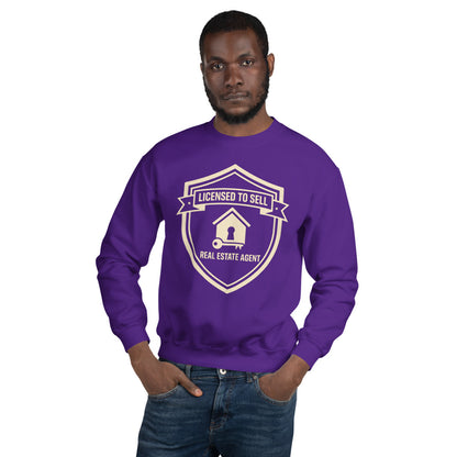 Licensed to Sell real estate agent crewneck sweatshirt — Purple, on model