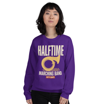 Official Halftime vintage marching band crewneck sweatshirt — Purple, on model