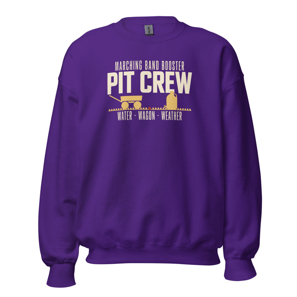 Pit Crew marching band booster crewneck sweatshirt — Purple, front