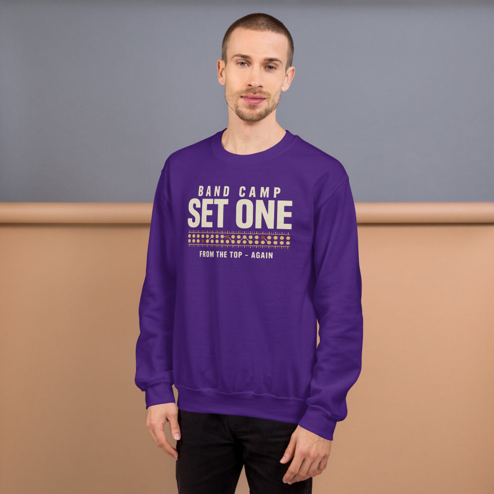 Set One marching band drill chart crewneck sweatshirt — Purple, on model