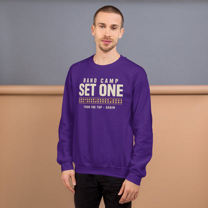 Set One marching band drill chart crewneck sweatshirt — Purple, on model