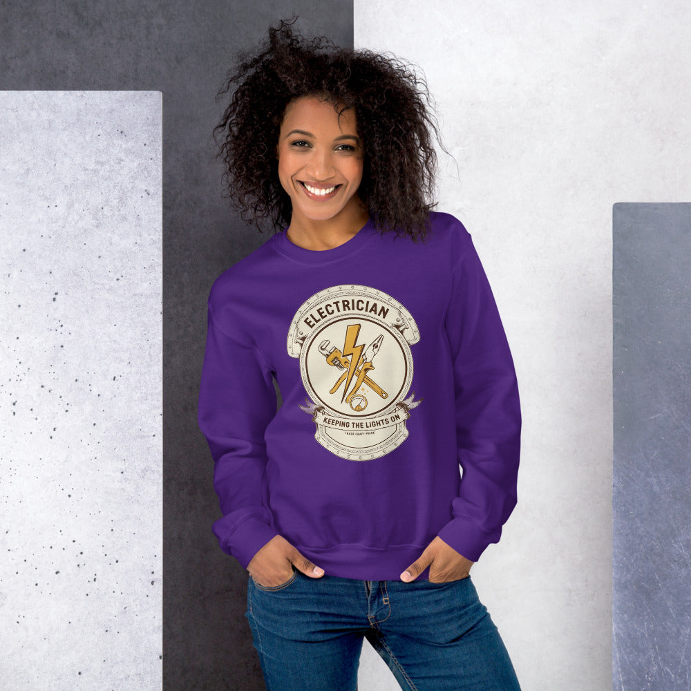 Electrician Journeyman trade crest crewneck — Purple, on model