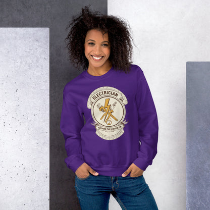 Electrician Journeyman trade crest crewneck — Purple, on model