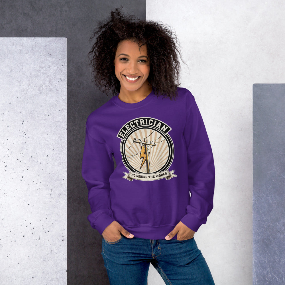Powering The World electrician emblem crewneck — Purple, on model