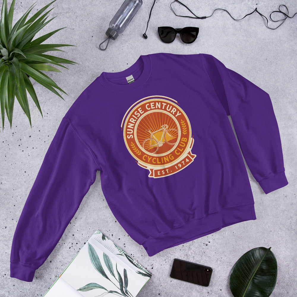 Sunrise Century C.C. retro cycling club badge crewneck — Purple, flat lay