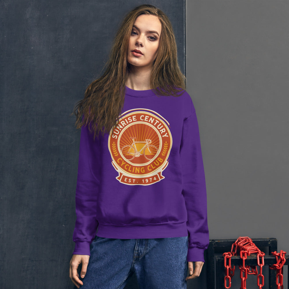 Sunrise Century C.C. retro cycling club badge crewneck — Purple, on model
