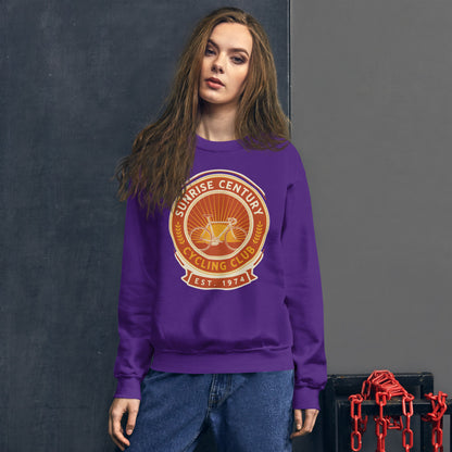 Sunrise Century C.C. retro cycling club badge crewneck — Purple, on model