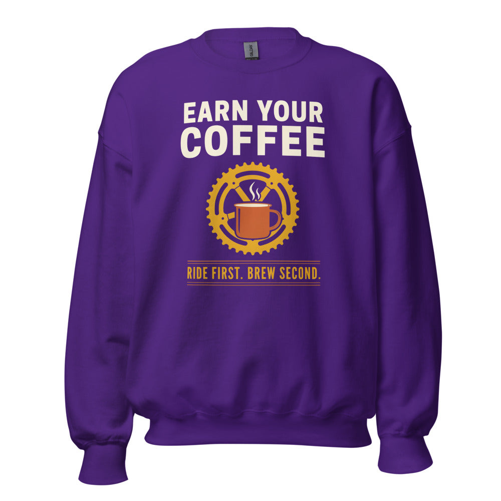 Earn Your Coffee retro cycling coffee crewneck — Purple, front