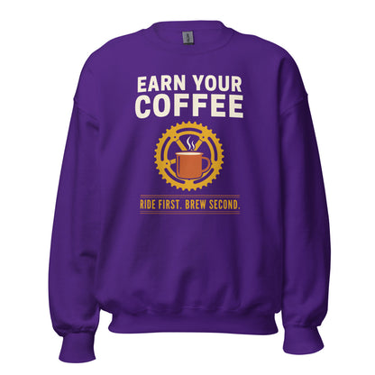 Earn Your Coffee retro cycling coffee crewneck — Purple, front