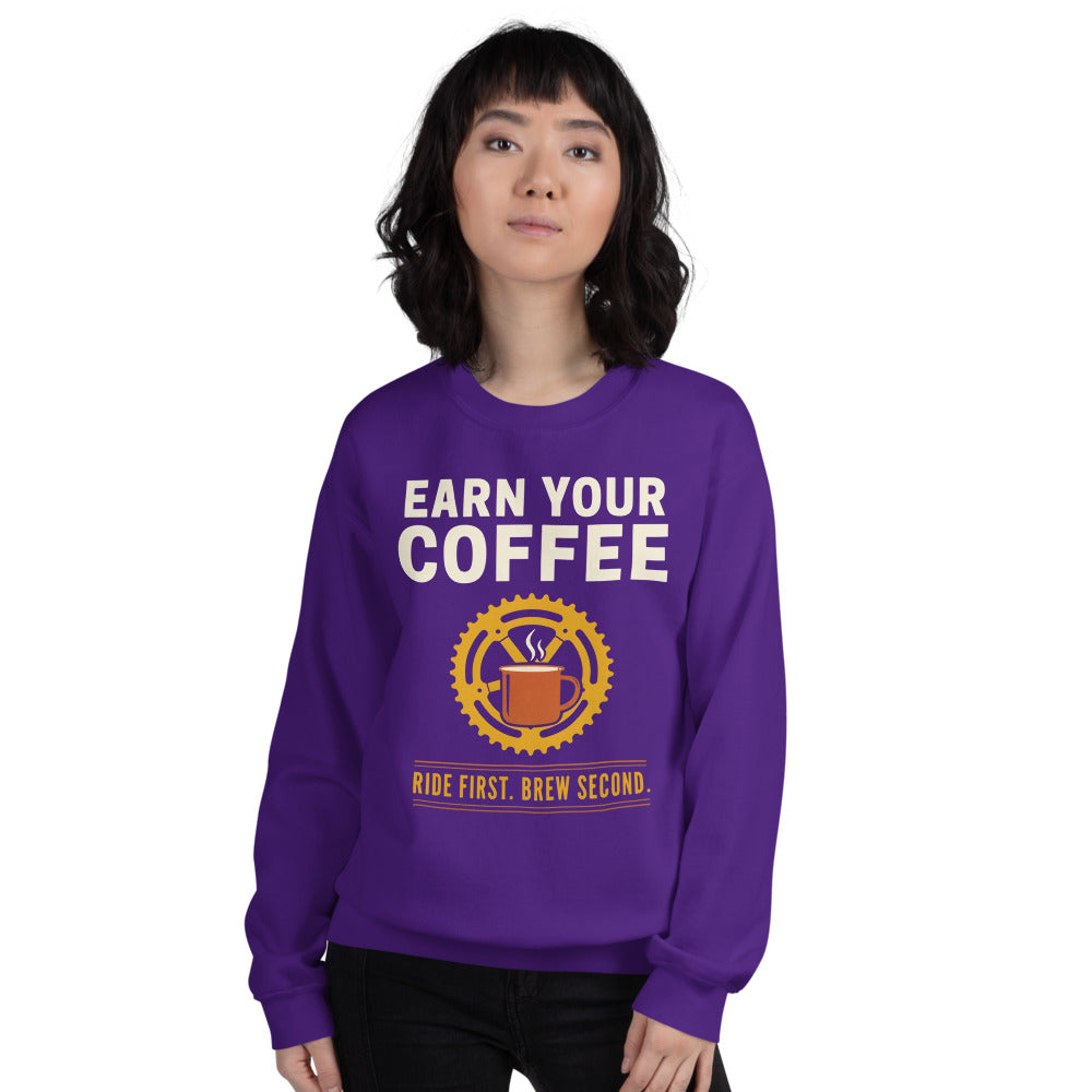 Earn Your Coffee retro cycling coffee crewneck — Purple, on model