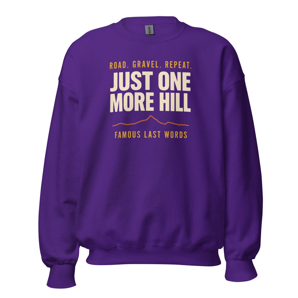Just One More Hill retro cycling climb crewneck — Purple, front