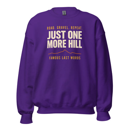 Just One More Hill retro cycling climb crewneck — Purple, front