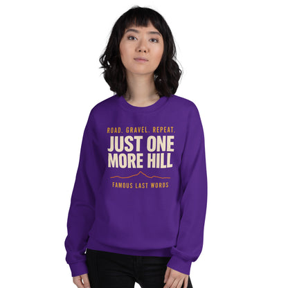 Just One More Hill retro cycling climb crewneck — Purple, on model
