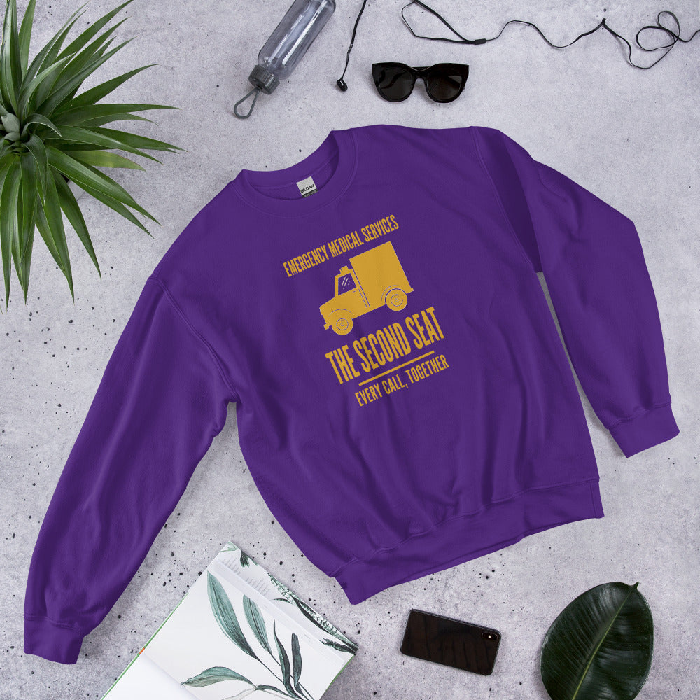 The Second Seat EMS paramedic crewneck — Purple, flat lay
