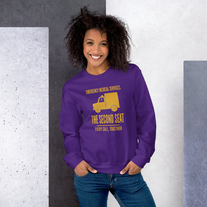 The Second Seat EMS paramedic crewneck — Purple, on model