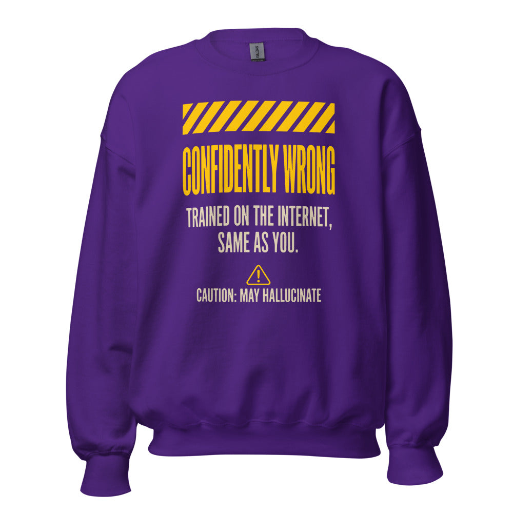 Confidently Wrong AI hazard-label crewneck sweatshirt — Purple, front