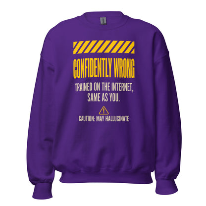 Confidently Wrong AI hazard-label crewneck sweatshirt — Purple, front
