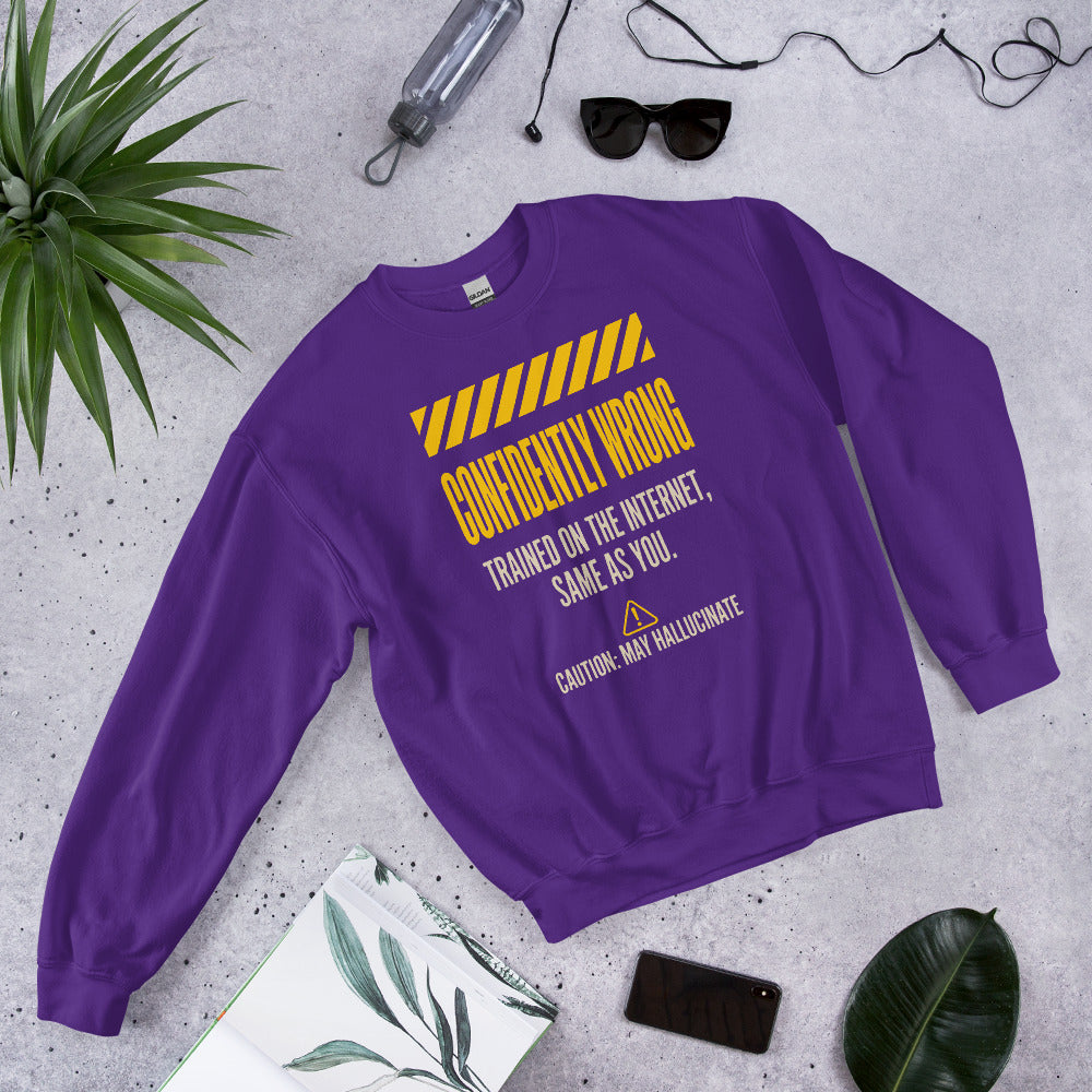 Confidently Wrong AI hazard-label crewneck sweatshirt — Purple, flat lay