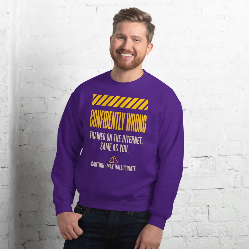 Confidently Wrong AI hazard-label crewneck sweatshirt — Purple, on model