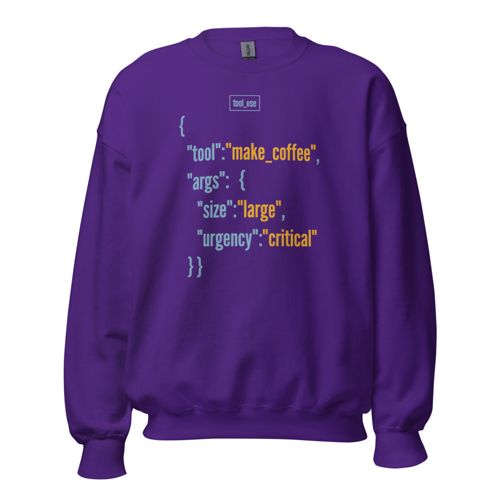 Tool Call Make Coffee AI engineer crewneck sweatshirt — Purple, front