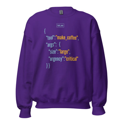 Tool Call Make Coffee AI engineer crewneck sweatshirt — Purple, front